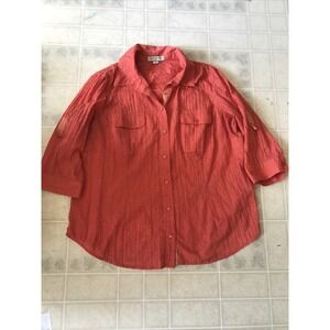 COLDWATER CREEK Buttondown Blouse 1X 18 Orange Crinkle 3/4 Sleeve